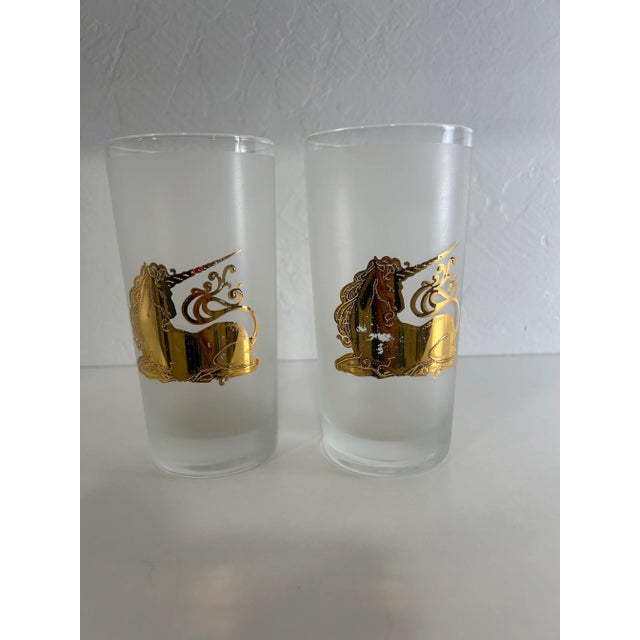 Mid-Century Modern 1960s Pair of MCM High Ball Tumblers by Culver 22k Gold Unicorns on Frosted Glass For Sale - Image 3 of 6