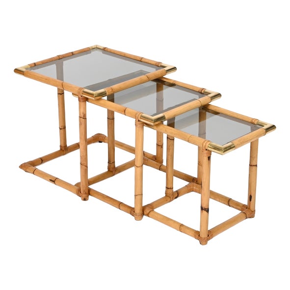 Nesting Tables in Bamboo and Brass, Italy, 1970s, Set of 3 For Sale