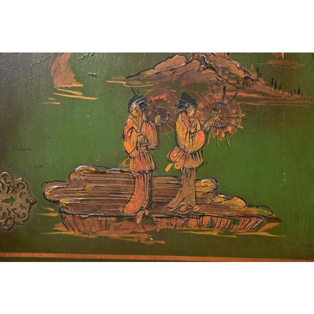 Antique Chinoiserie Jacobean Green Lacquered Hand Painted Bookcase or Bar Cabinet, Circa 1920s For Sale - Image 9 of 14