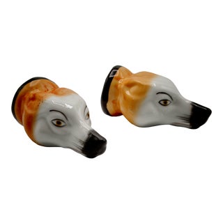 English Staffordshire Equestrian Fox Stirrup Cups, a Pair For Sale