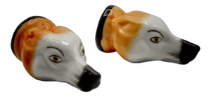 English Staffordshire Equestrian Fox Stirrup Cups, a Pair
