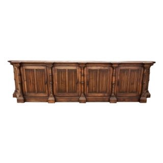 Monumental Spanish Revival Fruitwood Sideboard Credenza – 10 Ft Architectural Statement, Barley Twist Columns, 1920s–40s For Sale