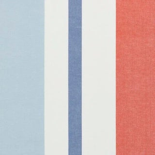 Schumacher Lolland Linen Stripe Fabric in Sky & Coral For Sale