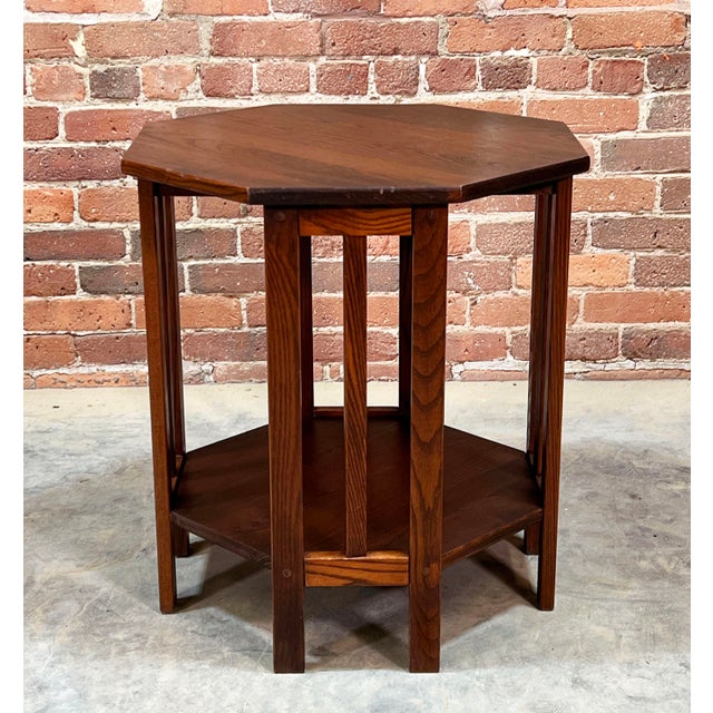 Mid 20th Century Vintage Solid Oak Mission Arts & Crafts Octagonal Side / Lamp Table For Sale - Image 5 of 7