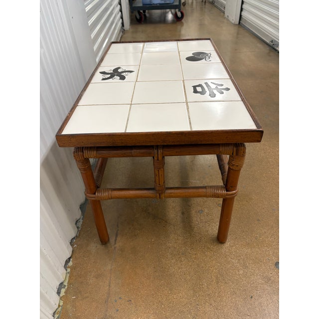 1950s Vintage Rattan Attributed to Ficks Reed Far Horizons Collection End Table W/Tile Top by John Wisner For Sale - Image 5 of 6
