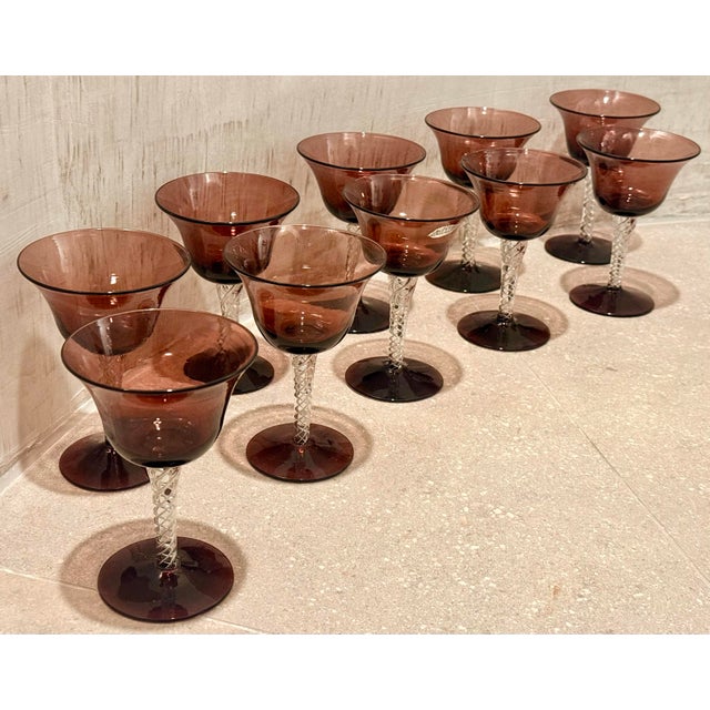Mid 20th Century Rare Vintage Mid-Century Bill Blenko Designed Art Glass Air Twist Amethyst Wine Glasses- Set of 10 For Sale - Image 5 of 12
