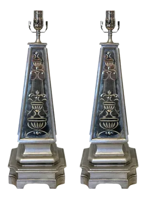 Mid 20th Century Silvered and Engraved Mirror Obelisk Lamps - a Pair