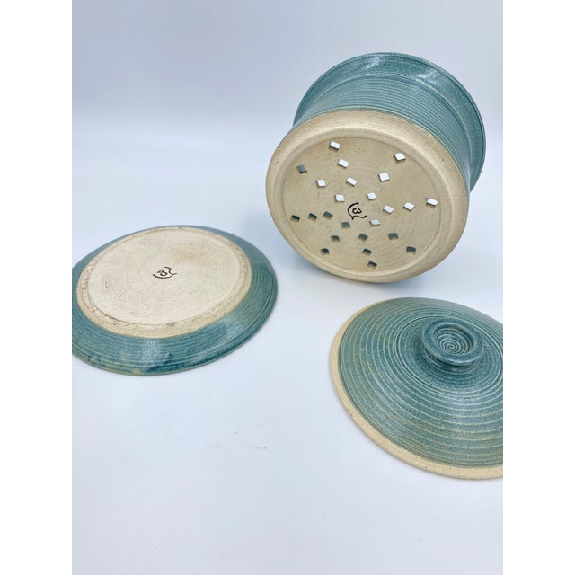 Vintage Studio Pottery Covered Berry Bowl With Lid and Drip Plate, Blue Green Ceramic Colander, Signed Handmade Produce Keeper For Sale - Image 10 of 13