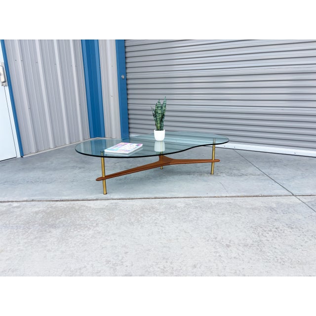 1960s Mid-Century Modern Freeform Glass Coffee Table With Walnut and Brass Base For Sale - Image 4 of 14