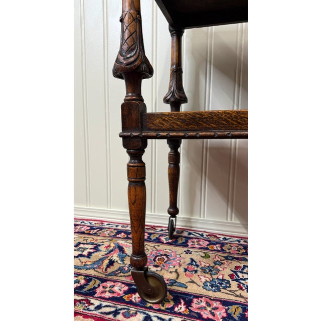 English Antique English Trolley Tea Cart Pastry Cocktail Bar Cart Tray Tudor Oak 1930s For Sale - Image 3 of 18