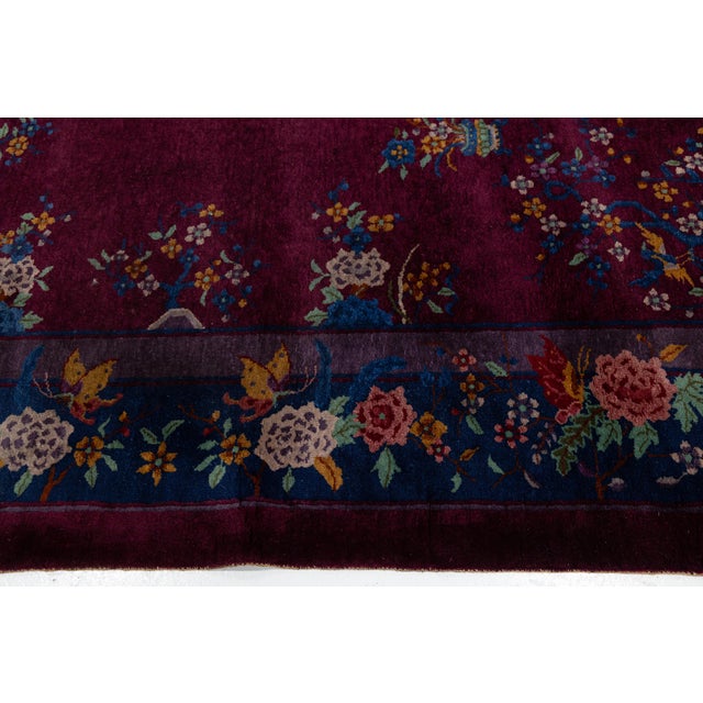 1920s Antique Chinese Art Deco Plum Wool Rug With Floral Vases & Navy Border For Sale - Image 11 of 12