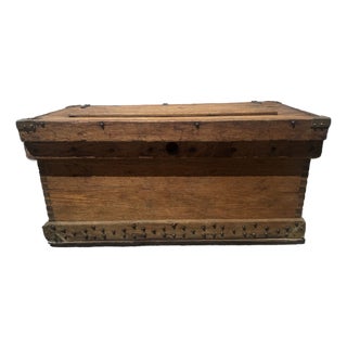 Antique Late 19th Century Pine Tool Chest / Strong Box With Hand-Cut Dovetails & Iron Hardware For Sale
