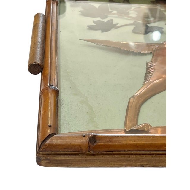 Metal Vintage Two Handle Tray Folk Art Hammered Copper Hunting Dog in Bamboo and Glass Frame For Sale - Image 7 of 14