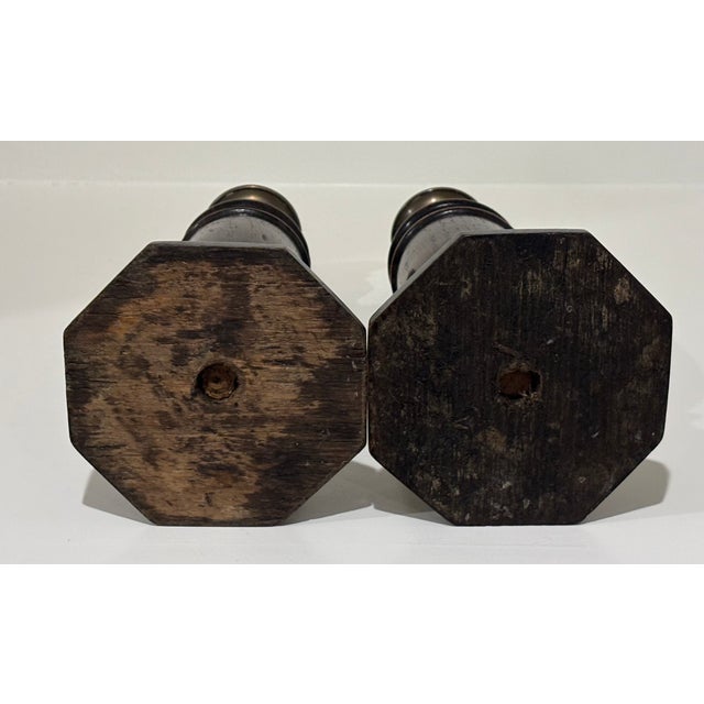 Antique English Oak Turned Candlesticks With Brass Candle Cups - A Pair For Sale - Image 13 of 13