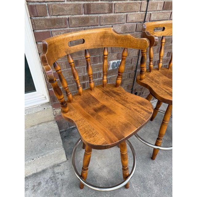 Mid-Century Modern 1960s Set of 3 Solid Wood Spindle Captain’s Chair Stools For Sale - Image 3 of 7