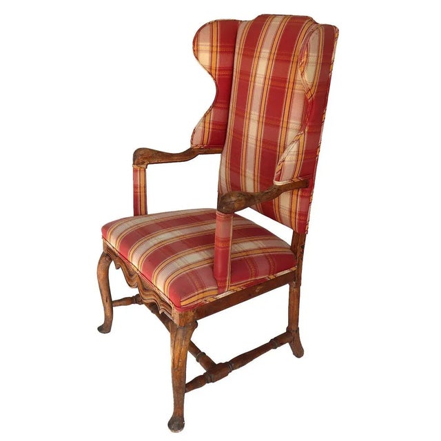 Gustavian (Swedish) Swedish Gustavian Birch Plaid Upholstered Wingback Armchair For Sale - Image 3 of 6