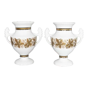 Neoclassical Royal Tettau German Porcelain White & Gold Urns Vases - a Pair