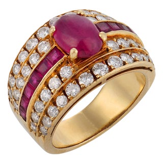 Vintage Ruby Diamond 14k Yellow Gold Ring, Size 4.75 For Sale