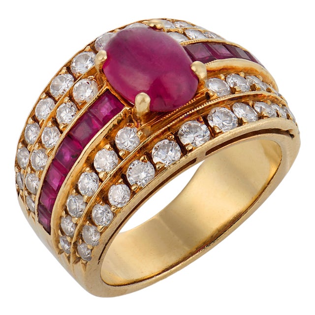 Vintage Ruby Diamond 14k Yellow Gold Ring, Size 4.75 For Sale