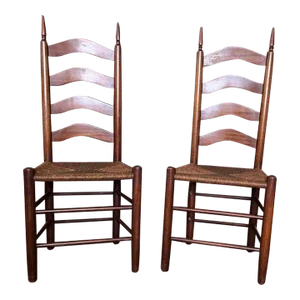 19th Century Pair of Antique American Primitive Shaker Style Rush Seat Side Chairs