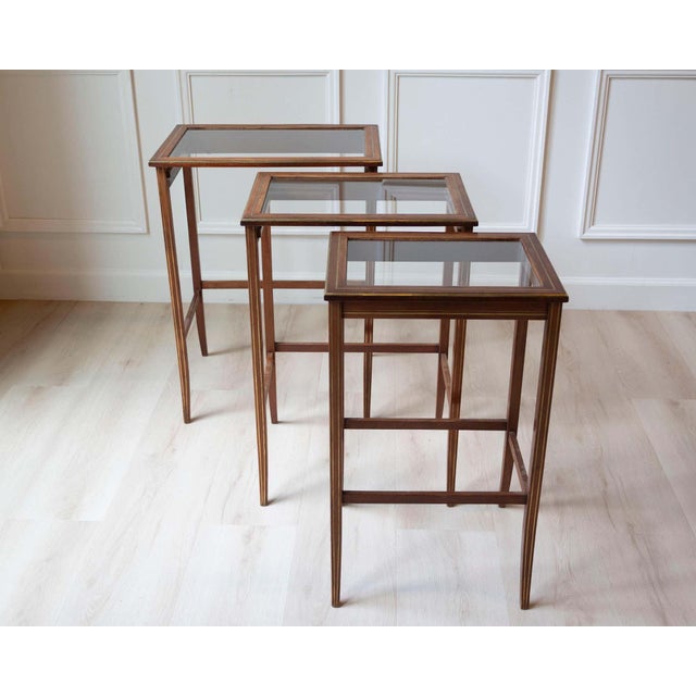 Set of Three Mahogany Nesting Tables with Glass Tops, France, Mid-20th Century For Sale - Image 12 of 17