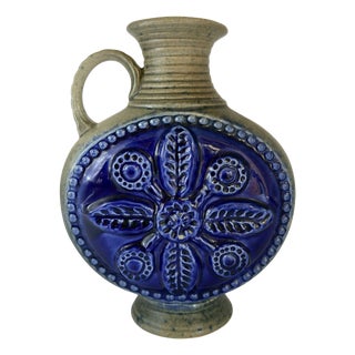 Mid-Century Modern German Cobalt Blue Relief Ceramic Vase by Jasba, 1960s For Sale