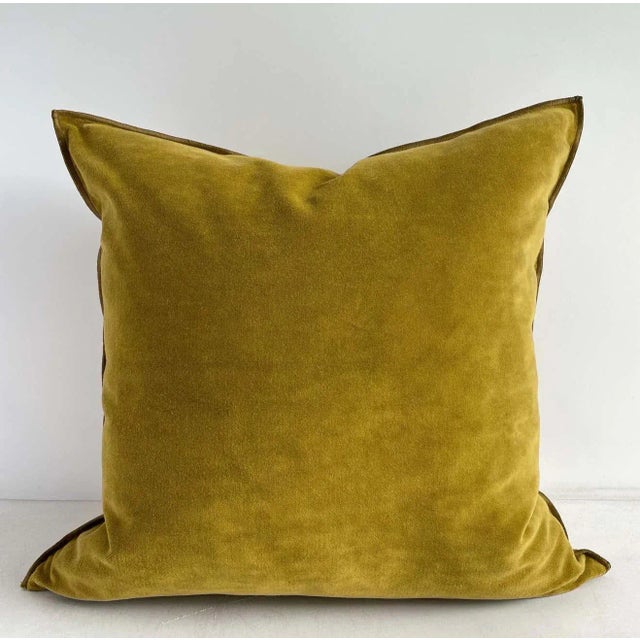 Beautiful rich mustard yellow vintage style velvet pillow with binded edge. Metal zipper closure, and leather pull. Custom...