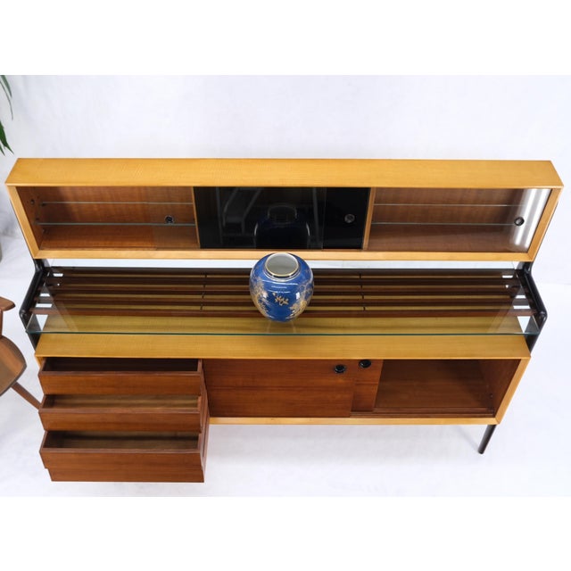 Wood Mid-Century Modern Bi Level Long Credenza Server Dresser Cabinet Ebonized Legs For Sale - Image 7 of 18