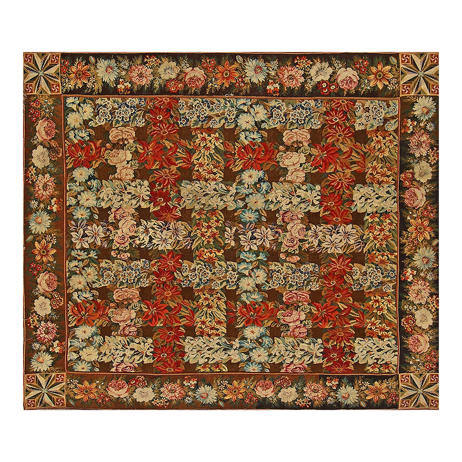 1860s Green Olive Floral Antique English Needlepoint Rug 8'6