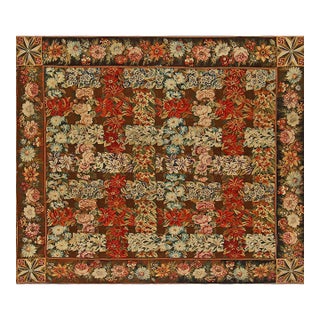 1860s Green Olive Floral Antique English Needlepoint Rug 8'6" X 9'8" Flatweave Wool Carpet For Sale