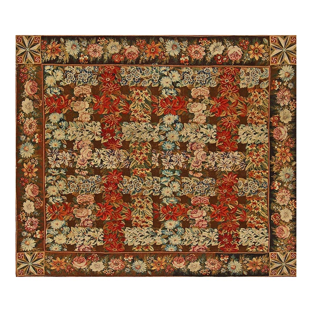 1860s Green Olive Floral Antique English Needlepoint Rug 8'6" X 9'8" Flatweave Wool Carpet For Sale