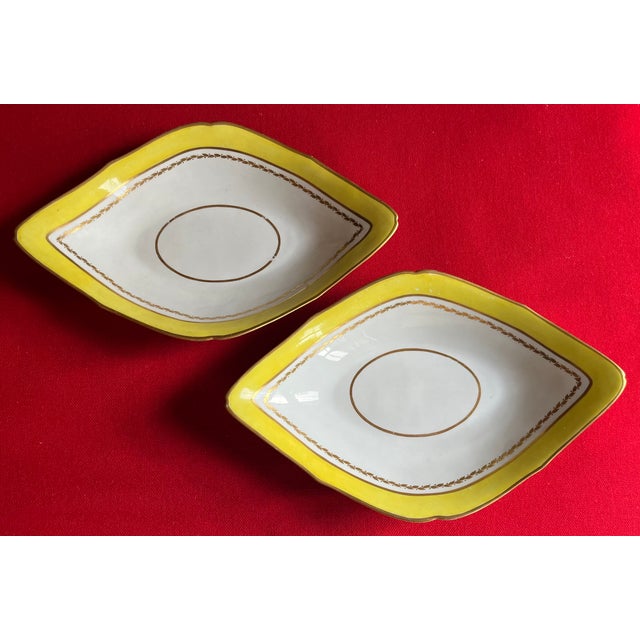 English Large Antique Early 19th Century English George III Derby Porcelain Navette Shape Dishes With Yellow Border Circa 1800 - A Pair For Sale - Image 3 of 13