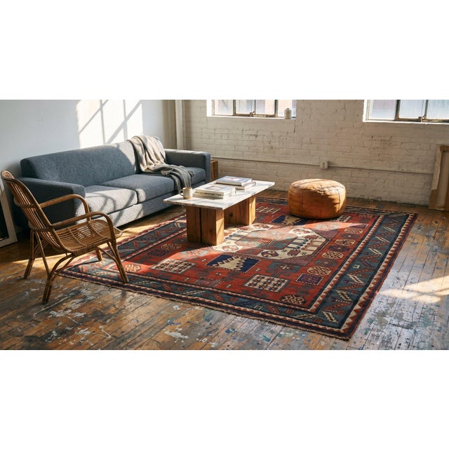 Textile 1880s Red Geometric Antique Caucasian Kazak Karachopf Rug 6'2" X 7'3" Knotted Pile Wool Carpet For Sale - Image 7 of 8