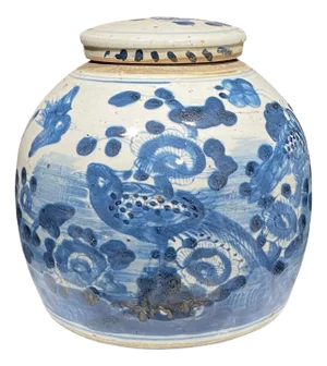 Chinoiserie Blue & White Porcelain Ginger Jar 9" H
