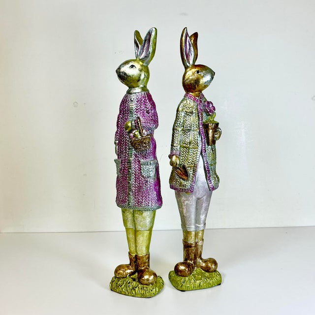 Vintage Boho Chic Shabby Chic Foil Wrapped Plaster Tall Rabbits - A Pair - Easter For Sale - Image 14 of 14