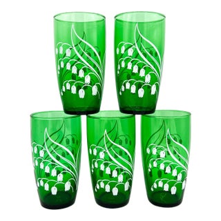 Mid Century Modern Anchor Hocking Forest Green Lily of the Valley Tumbler Glasses- Set of 5 - Botanical / Cottagecore For Sale