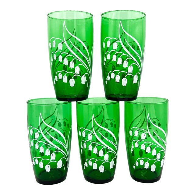 Mid Century Modern Anchor Hocking Forest Green Lily of the Valley Tumbler Glasses- Set of 5 - Botanical / Cottagecore For Sale