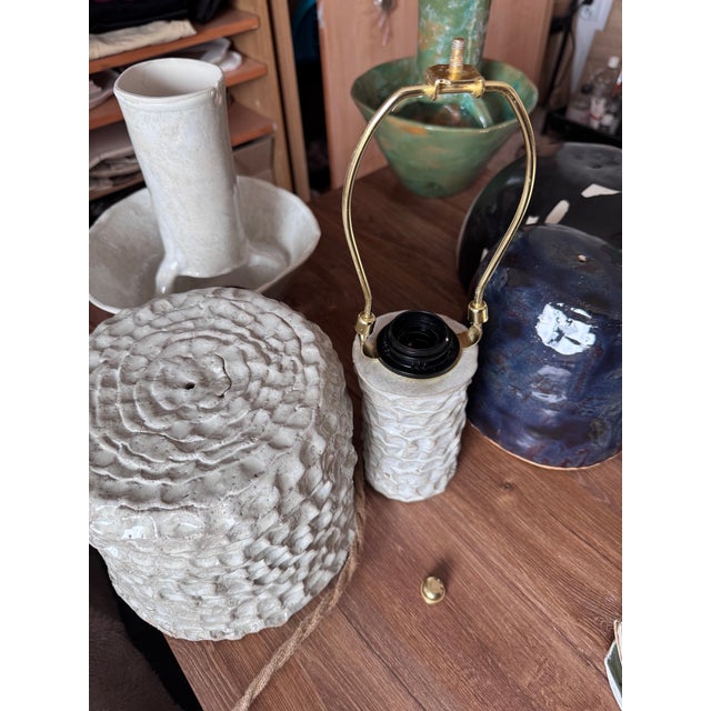 Handmade Ceramic Table Lamp With Textured Stoneware Surface in White Color For Sale - Image 6 of 7