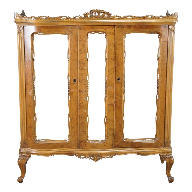 Antique Italian Baroque Rococo Walnut Burr Curio Display Cabinet Glass Showcase For Sale