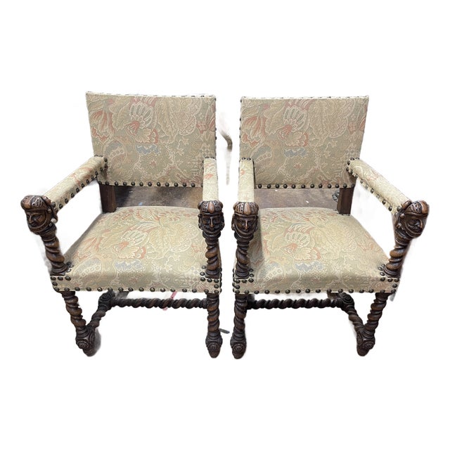 19th Century Louis XIII Barley Twist Open Arm Chairs For Sale