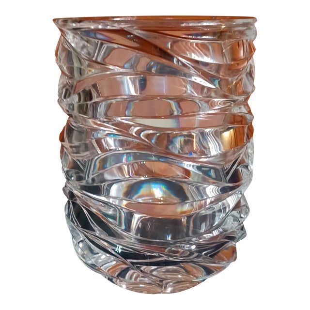 Vintage 1996 Tiffany & Co Emil Brost Mouthblown Hand Cut Waves Crystal Vase 8" For Sale