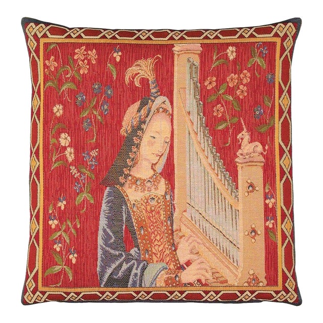 Lady With the Organ Tapestry Cushion With Feather Filler - 46x46cm (18"x18") For Sale