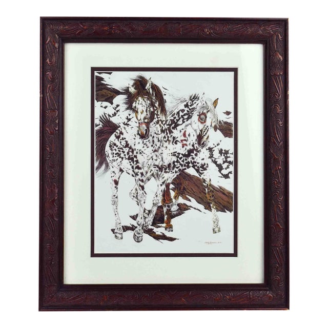 Gemini Said 1991 Judy Larson "Crow Ponies" Horse Art Reproduction Print Framed For Sale