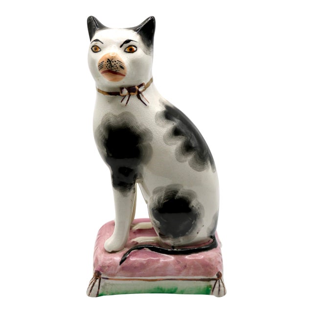 19th Century Antique Staffordshire Style Ceramic Cat on Pink Cushion Figurine For Sale
