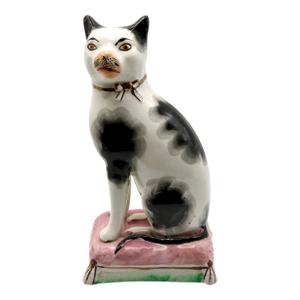 19th Century Antique Staffordshire Style Ceramic Cat on Pink Cushion Figurine