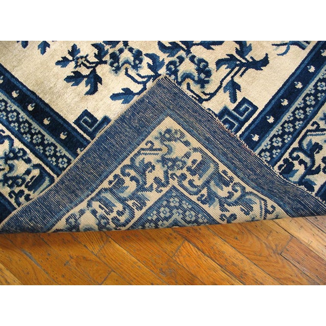 Sensational Floral-Medallion on a Ivory Background and Blue Border Antique Chinese Ningxia Rug For Sale In New York - Image 6 of 7