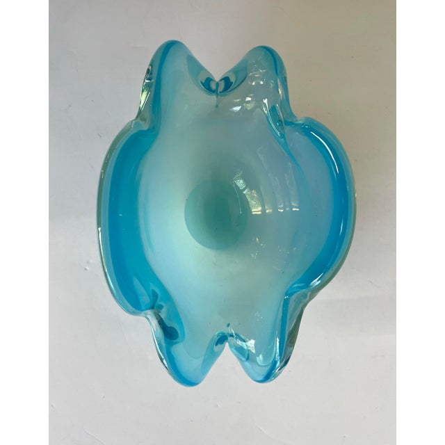 1970s Vintage Hand-Blown Aqua Opaline Art Glass Sculptural Bowl For Sale - Image 5 of 8
