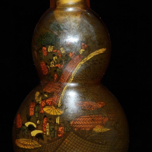 Yellow Mid 20th Century Hand-Painted Interior Glass Snuff Bottle, Gourd Shape, Qingming Riverside Scene, Asian Decor Accent For Sale - Image 8 of 9