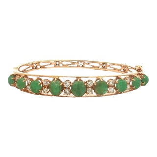 Late 20th Century 14k Gold Emerald Cabochon and Diamond Hinged Bracelet For Sale