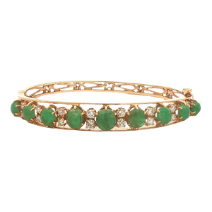 Late 20th Century 14k Gold Emerald Cabochon and Diamond Hinged Bracelet
